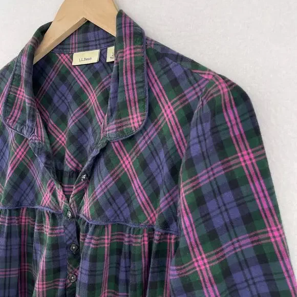 LL BEAN Nightgown Womens L Flannel Plaid Long Sleeve Sleepwear PJs Cotton Purple - Picture 3 of 14
